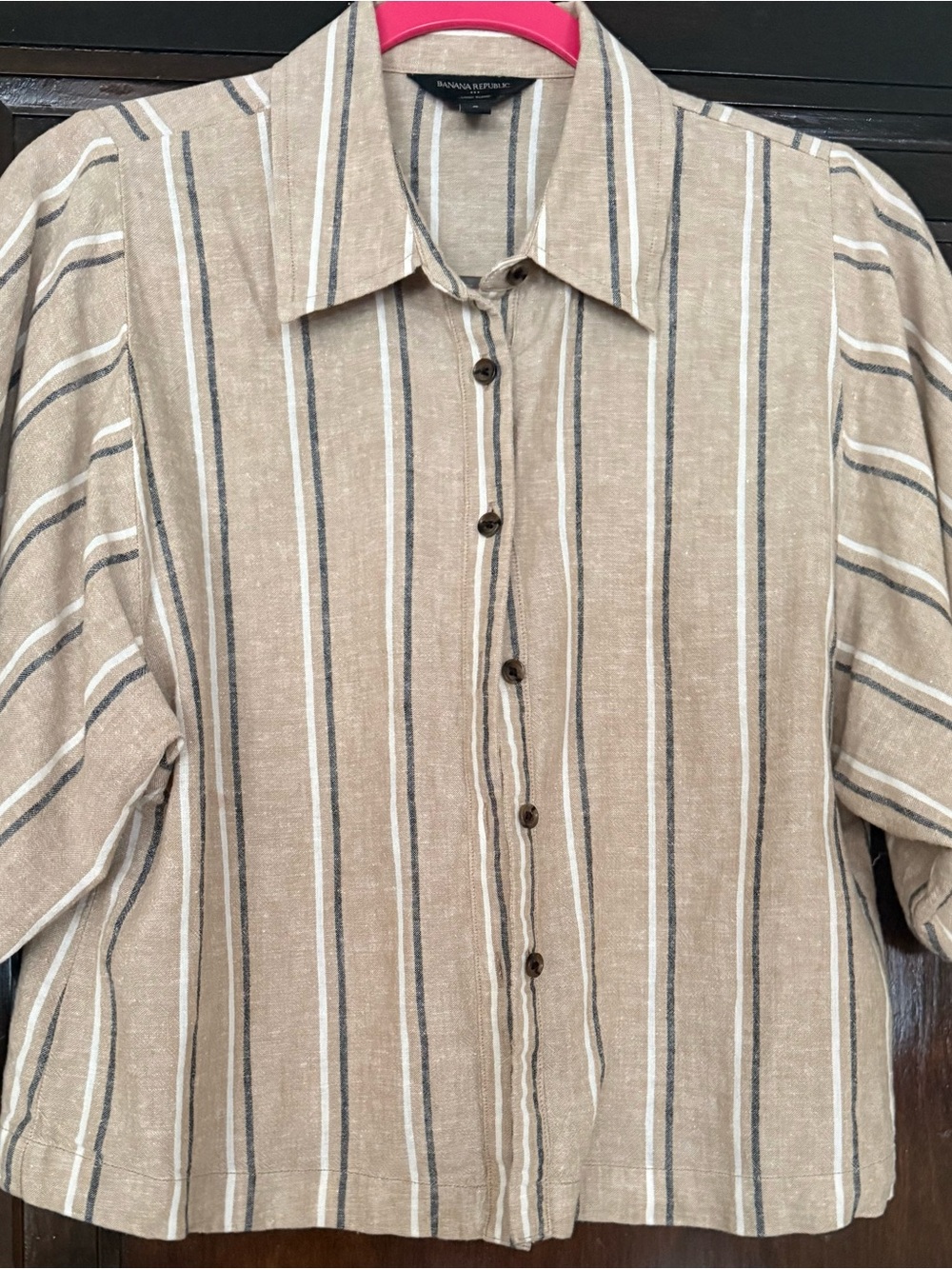 Banana Republic Beige and Navy Linen Blend Striped Button Down Shirt